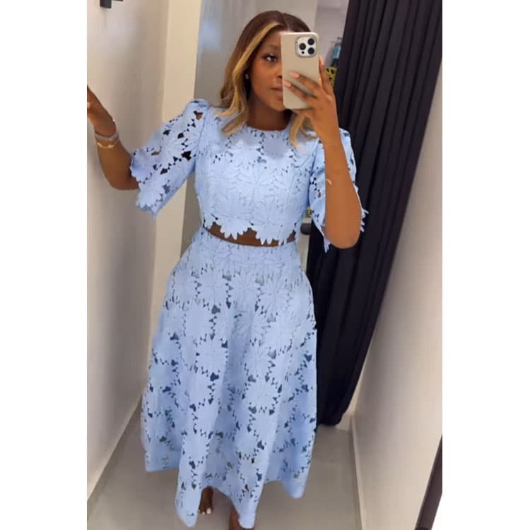 Floral Short Sleeve Dress Wholesale Casual Hollow Dress Factory Direct Fashion Long Dress Set Custom logo