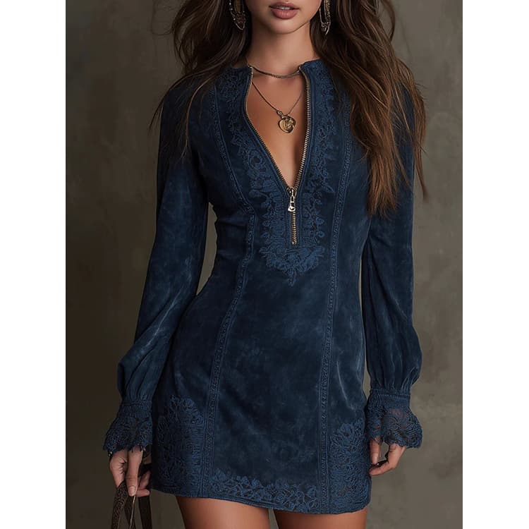 Women V Neck Embroidered Dress Long Sleeve Loose Fit with Zip Front and Lace Panels