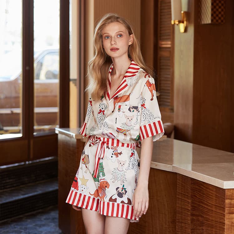Christmas Ice Silk Pajamas Custom logo Soft Short Sleeved Top Wholesale Printed Shorts Factory Directly