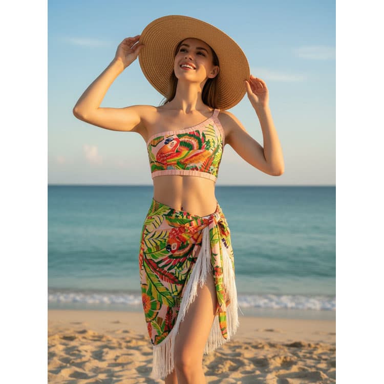 2025 New Tropical Style Rio Parrot Print Ruffle One Shoulder Three Pieces Bikini With Long Skirt Women Swimsuit Swimwear