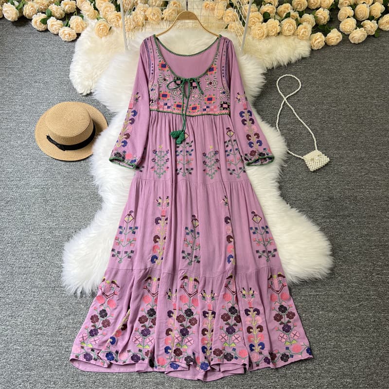 Bohemian Rayon Holiday Skirt Heavily Embroidered Floral Dress Round Neck Tie Loose Cover up