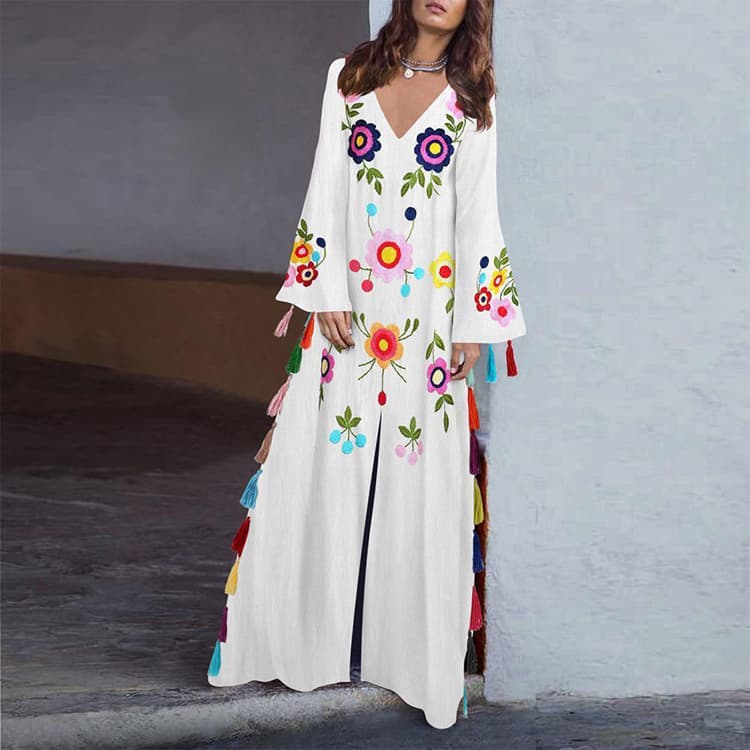 2020 European and American Fringed Long Skirt Bohemian Print Dress