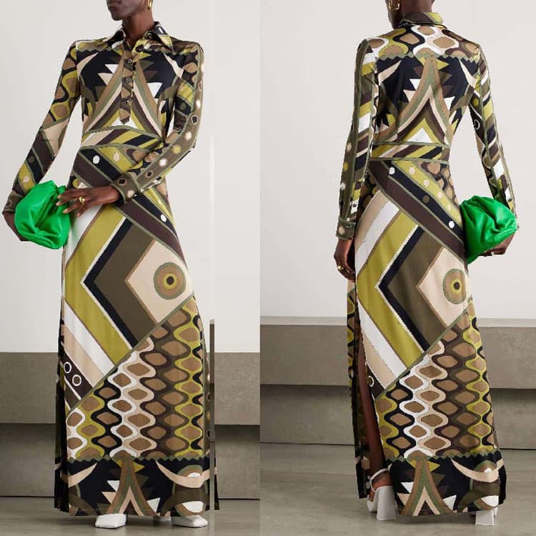 Creative Print Maxi Dress Factory Direct Lapel Collar Long Sleeved Dress Wholesale Fashion Split Dress Custom logo