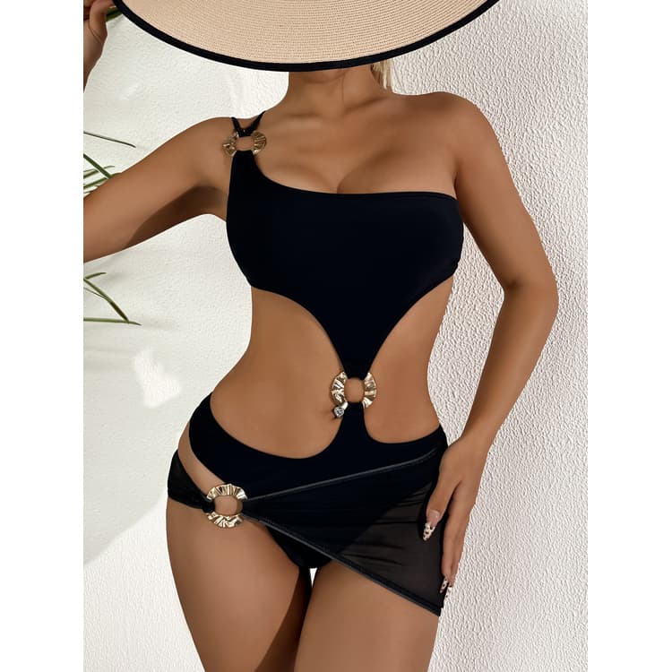 Wholesale Black Sexy Hollow Bikini Sexy One Shoulder One Piece Swimsuit with Cover up Thong Bikini