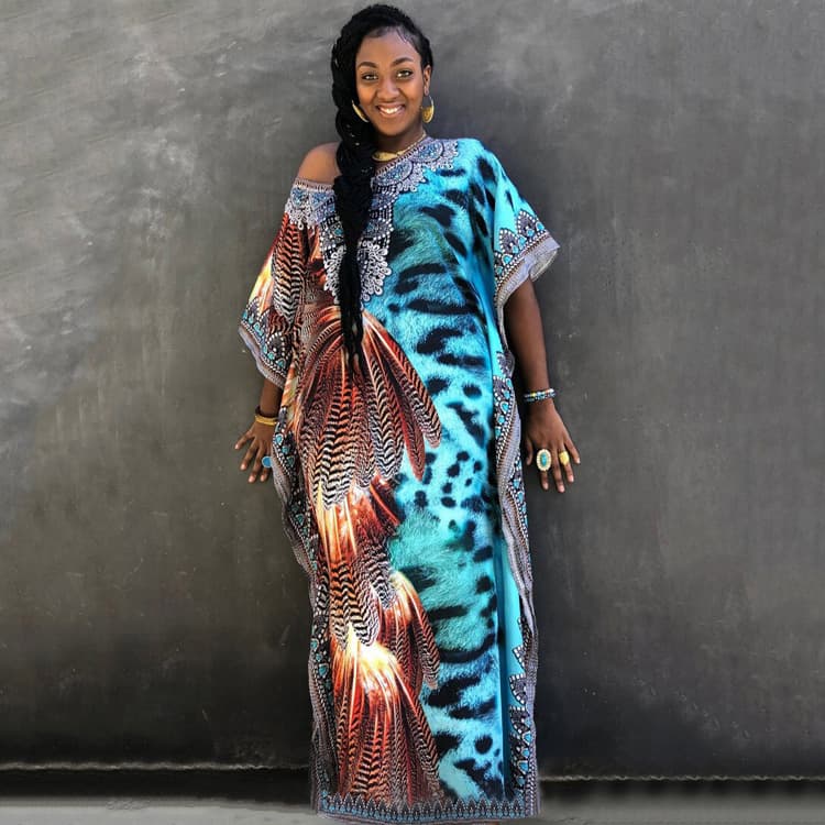 Patchwork Design Dress Feather Print Holiday Robe Bikini Cover up