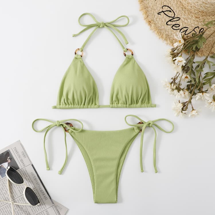 New Sexy Bandage Bikini Pit Stripe Swimwear Solid Color Triangle Bikini Set