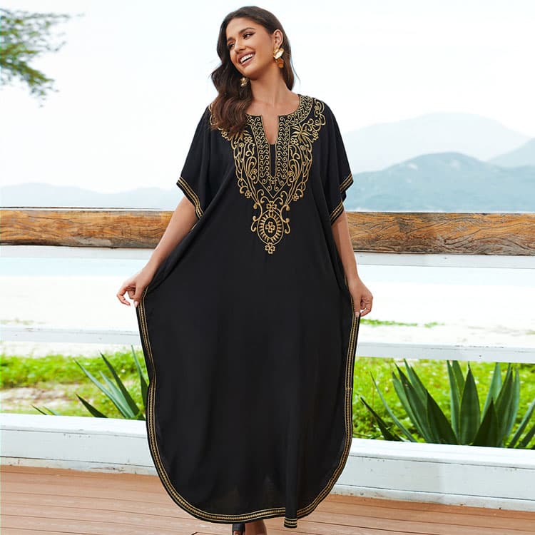 Wholesaler Loose Rayon Embroidered Long Dresses Holiday Robe Beach Sexy Cover Ups for Women