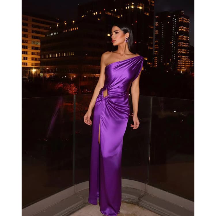 New Purple Dresses Elegant High Waist Dresses Solid Color One Shoulder Evening Dresses