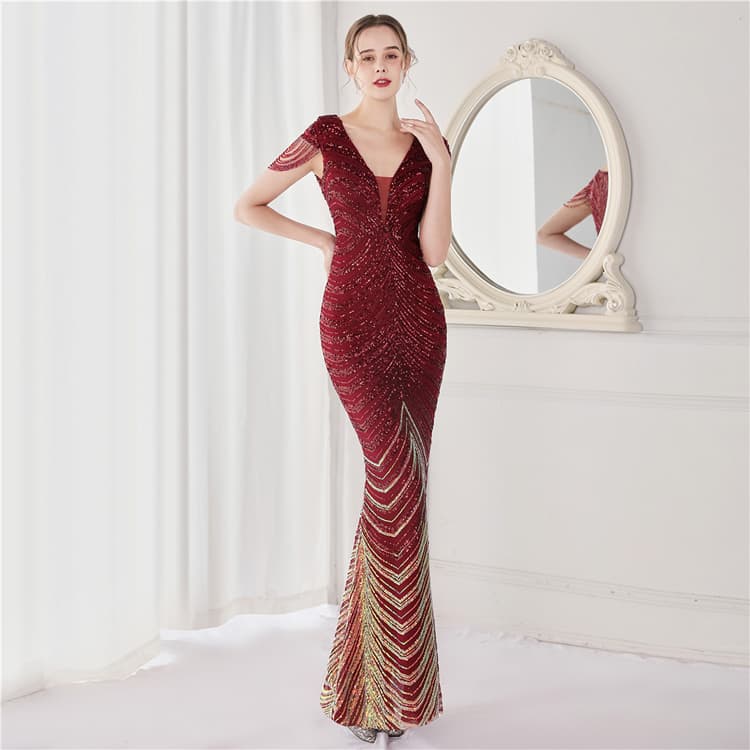 New Bead Sequin Women Evening Dress v Neck Tassel Elegant Party Evening Dress Short Sleeve Sexy Long Host Women Dress