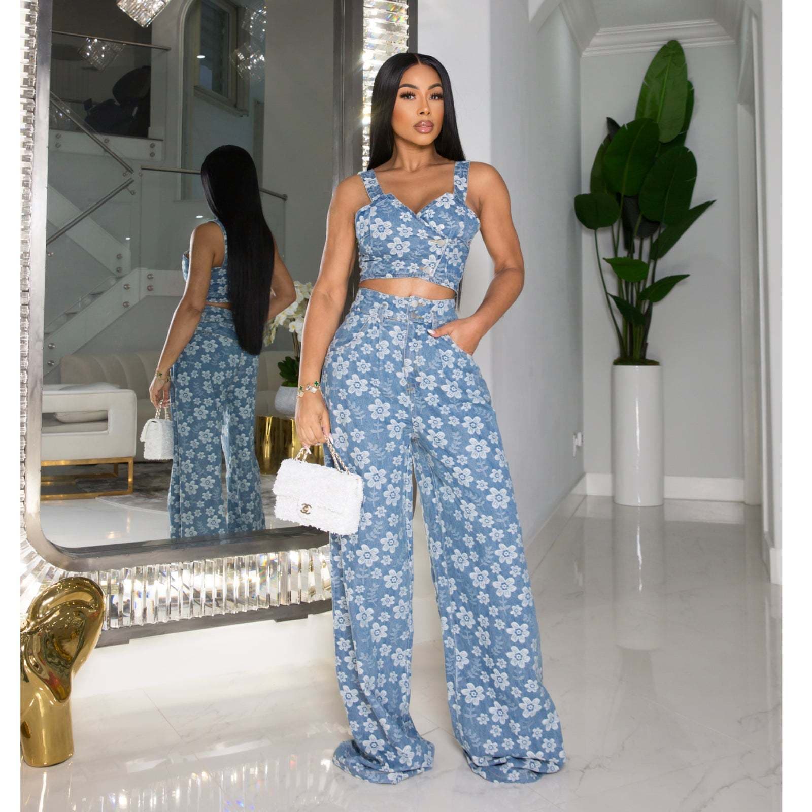 Floral slip Top Wholesale Backless Women Set Custom logo Loose Trousers Factory Directly