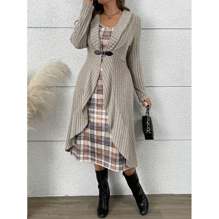 2025 Women Daily Suit Pleated Long Sleeve Cardigan Windbreaker Outer Knitted Jacket and Plaid Dress Women Casual Set 2 Piece Set
