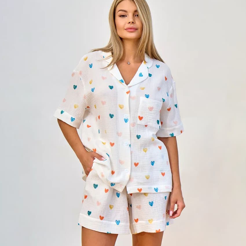 Printed Cotton Pajamas Custom logo Heart Shaped Pattern Home Clothes Wholesale Short Sleeved Pajamas Factory Directly