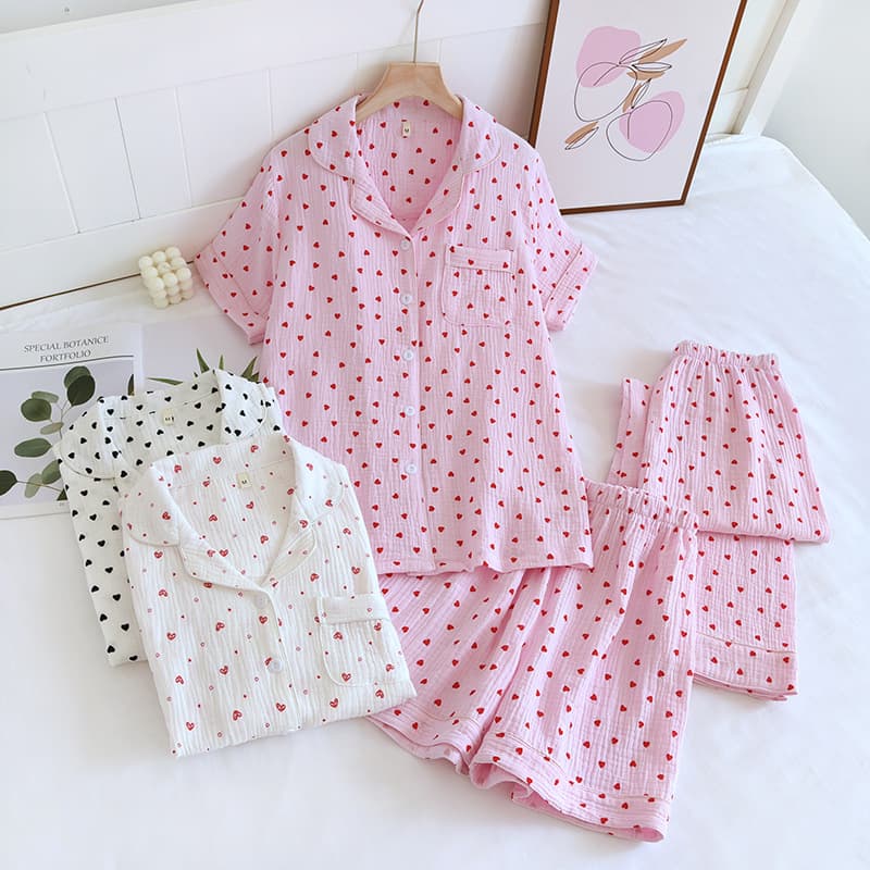 Cotton Pajama Set Custom logo Printed Short Sleeved Top Wholesale Home Wear Three Piece Set Factory Directly