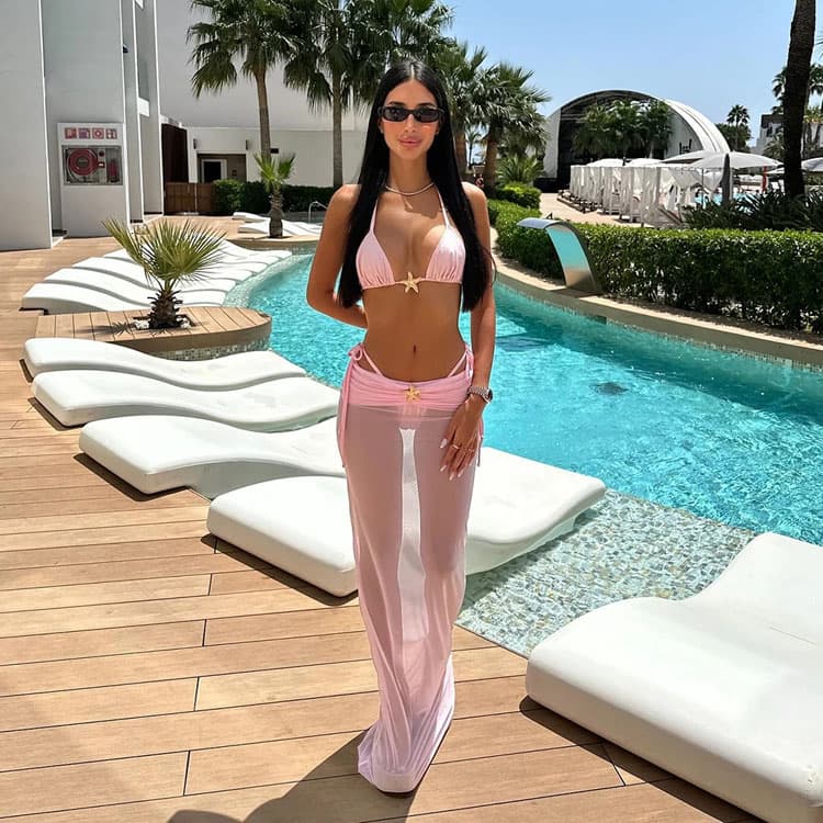 2025 Hot Style pink Cute Color Mesh Bikini Ruffle Pants Bikini Solid Color Swimsuit Wholesale
