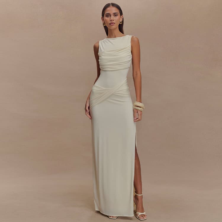 Sleeveless Round Neck Dress Wholesale Pleated Maxi Dress Custom logo Stylish Split Dress Factory Direct