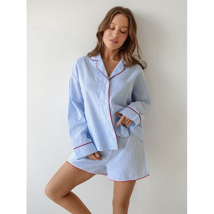 Striped Casual Pajama Set Wholesale 100% Cotton Loungewear Custom logo Long Sleeve Pajamas Factory Direct