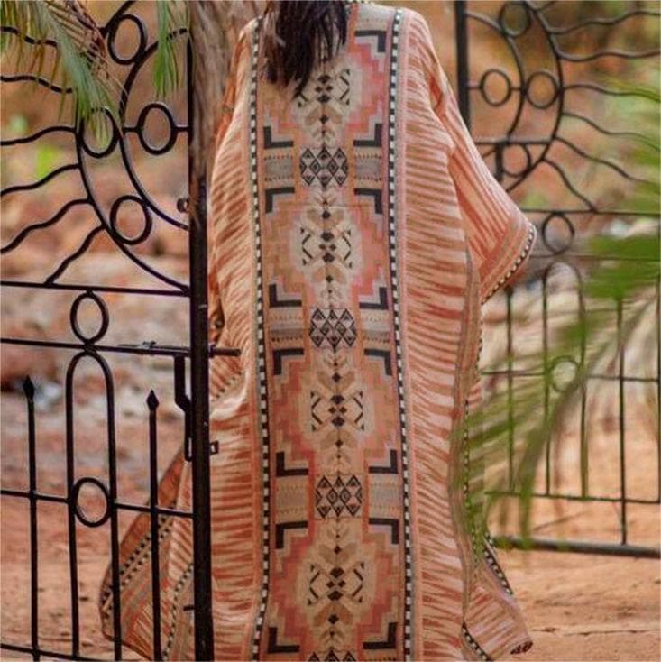 Geometric Print Rayon Shirt Wholesale Sun protection Cardigan Long Dress Bikini Beach Cover up Manufacturer