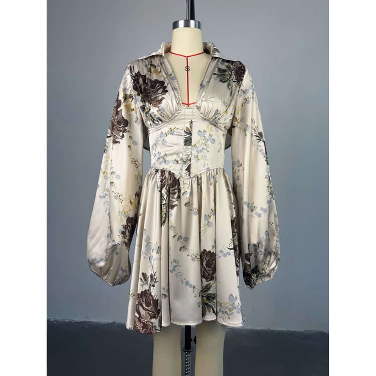 2026 New Spring Style Elegant Floral Print V Neck Lantern Sleeve High Waist Mini Dress High Quality Women Casual Dress