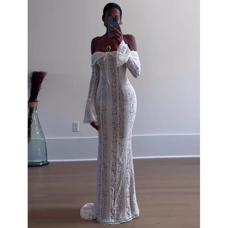 One Shoulder Hollow Dress Custom logo Flame Sleeve Fishtail Dress Wholesale Ribbon Beach Dress Factory Directly