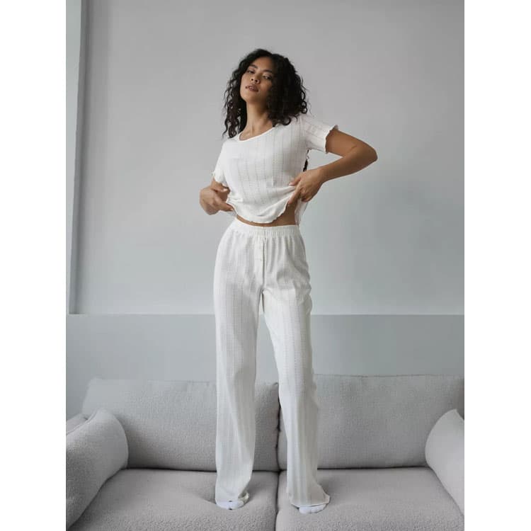 100% Cotton Casual Pajamas Wholesale Short Sleeve Simple Top Custom logo Loose Elastic Pants Factory Directly