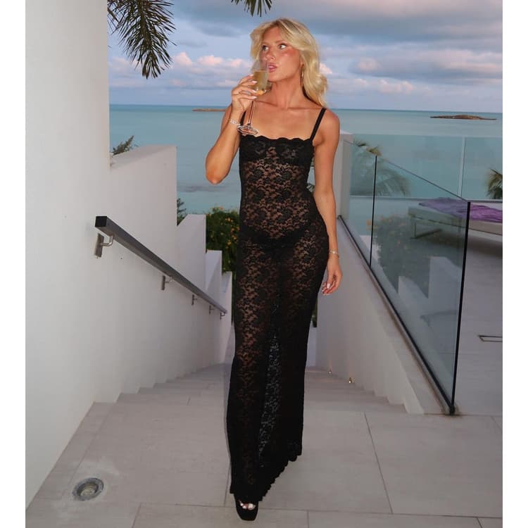 2026 Hot Selling New Women Off Shoulder Lace Bodycon Dress Sheer Sexy Evening Gown