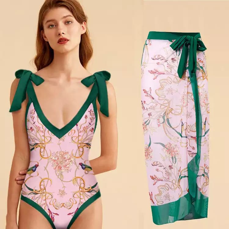2023 Women Printed Bikini With Cover up Ruffle Strap One Pieces Swimsuit Floral Swimwear Beachwear