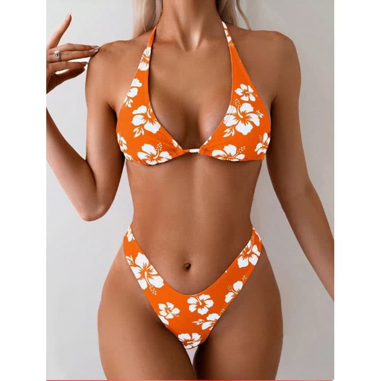 Wholesale Cheap Flower Printed Bikini Sexy Triangle Swimsuit High Cut Bikini Swimsuit