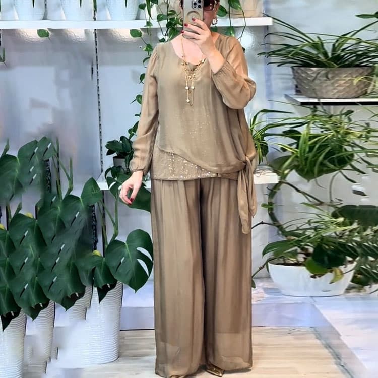 Retro Minimalist Suit Custom logo Gold Stamped Long Sleeve Top Wholesale Solid Wide Leg Pants Factory Direct