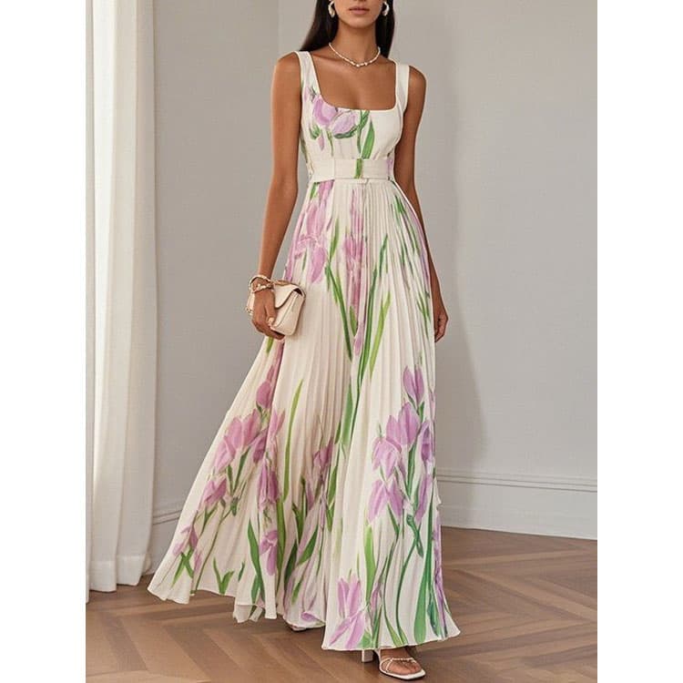 2025 Women Casual Dress Square Neck Backless Elegant Temperament Flower Printed Dress Pleated Casual Dress