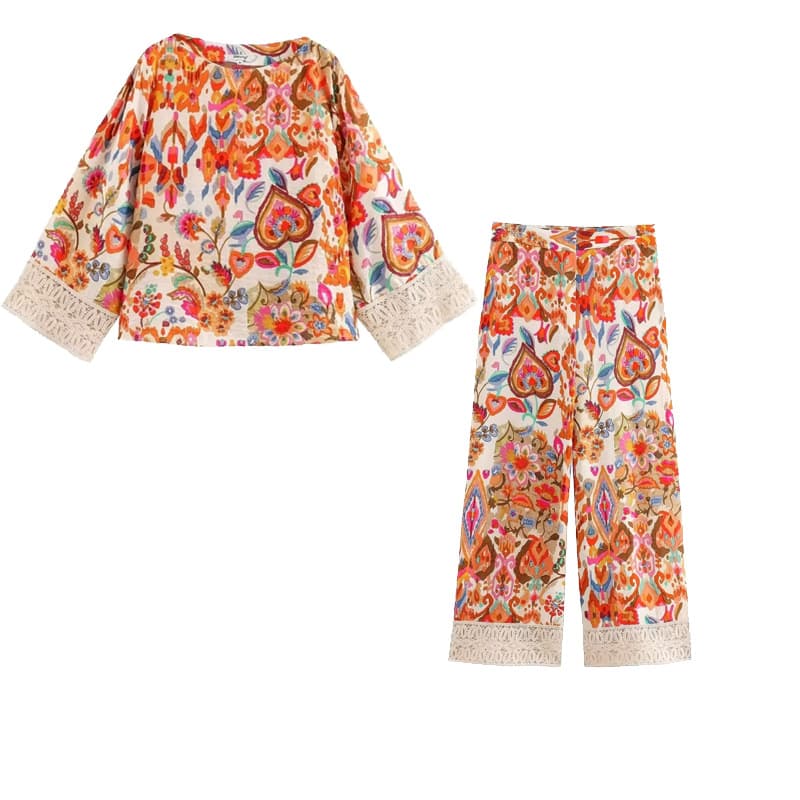 Flower Print Lapel Long Sleeved Shirt Loose Straight Jumpsuit Factory Directly Fashion Crew Neck Women Suits Wholesale