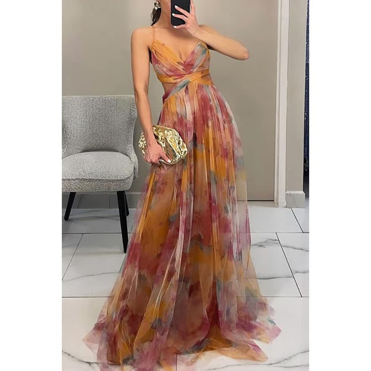 Wholesale Mesh Print slip Dress Fashion Designer Maxi Dress Custom logo Sexy V Neck Dress Factory Direct