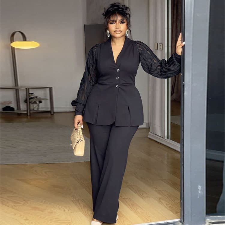Custom 2025 Women Set Factory Directly Solid Black Soft Fabric Suit Wholesale Deep v Piece Set for Women
