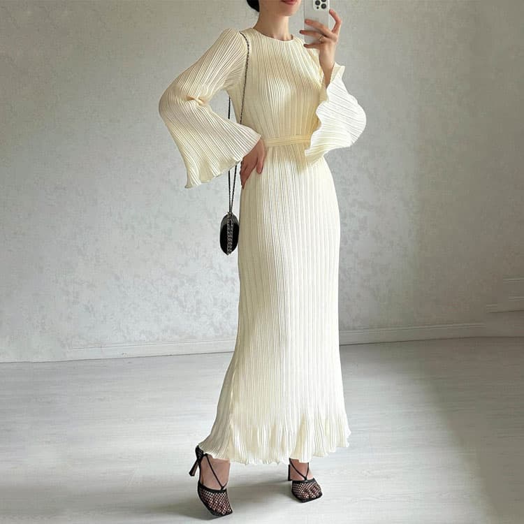 2024 New Fashion Solid Color Flared Long Sleeve Pleated Dresses Women Casual Dress