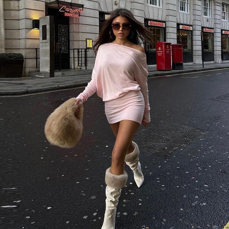 2025 New Style Personalized Design Casual Dress One Shoulder Long Sleeve Women Mini Dress One Piece Waist Slimming Hip Dress