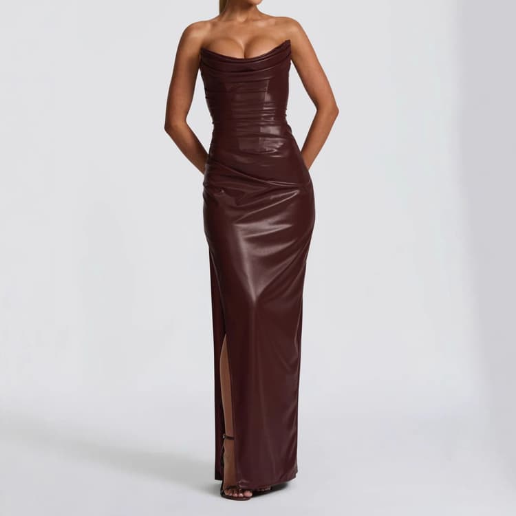 Wholesale Solid Color Dresses Elegant Strapless Dresses Back Tie Slit Dresses