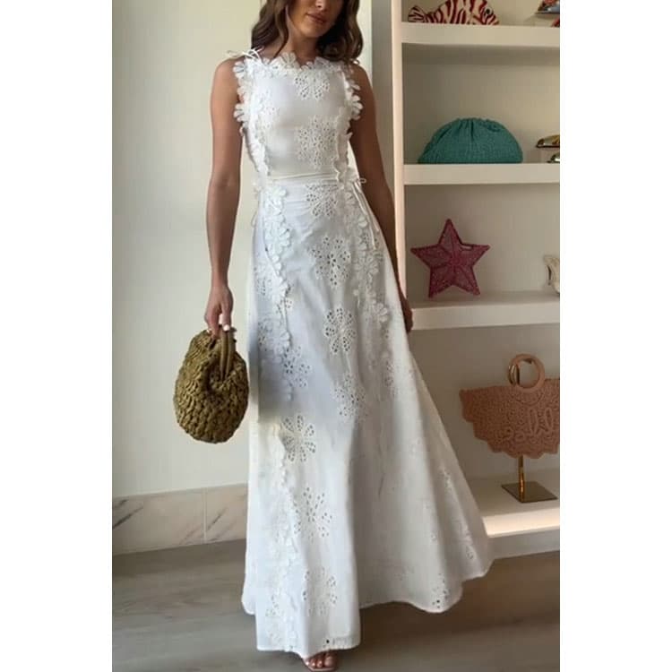 3D Flower Embroidered Dress Wholesale Simple Solid Color Dress Custom logo Hollow Beach Dress Factory Direct