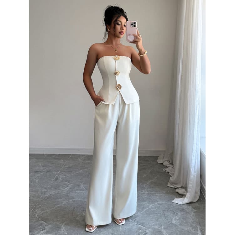Sleeveless Tube Top Wholesale 3D Floral Button Set Custom logo Solid Straight Pants Factory Direct