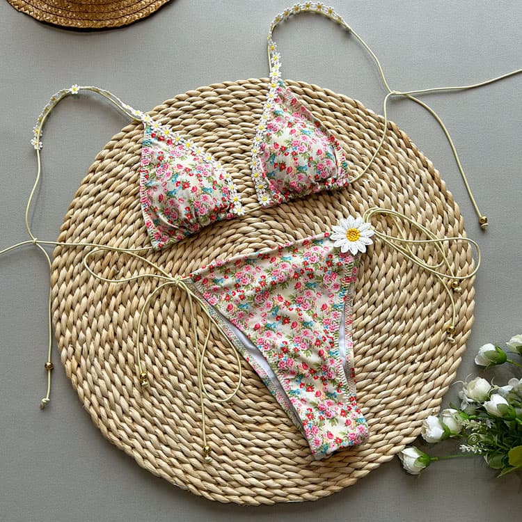 2025 New Girls Bikini Floral Printed Swimsuit Tie Swimsuit Wholesale