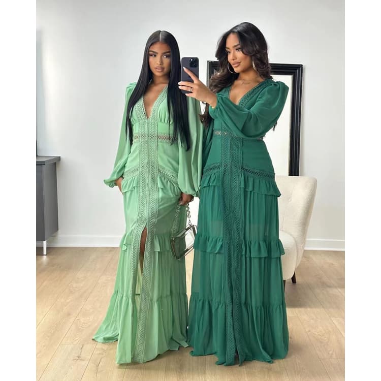 2024 Autumn Temperament Elegant Women Dress Ruffled Long Sleeve Sexy Deep V Neck Dress Solid Color Womens Casual Long Dress