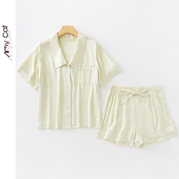 Short Sleeve Collared Top Wholesale Ribbon Drawstring Shorts Custom logo Polka Dot Casual Pajamas Factory Direct