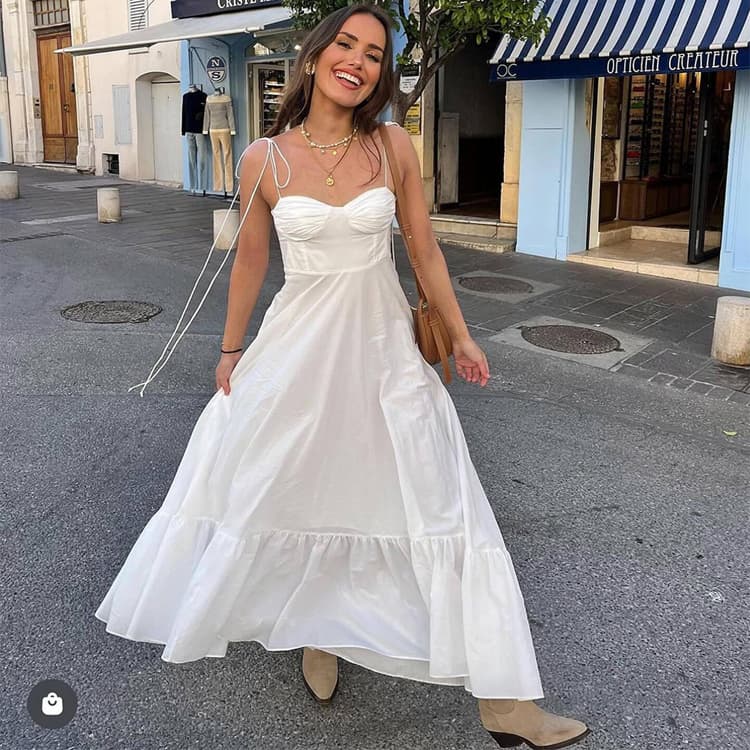 New Summer Sample Women Casual Dress White Fashion Spaghetti Straps Solid Color Versatile Layered Decorative Sleeveless Dress
