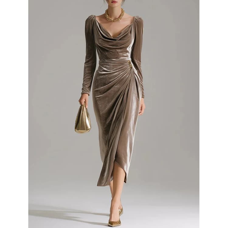 New Women Velvet Bodycon Dress Long Sleeve Sexy Ruched Max Dress with High Slit Casual Figure Flattering