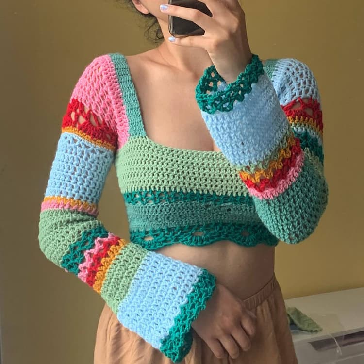 Wholesale Fashion Girls Knitted Shirt Square Collar Colored Striped Knitted Top Handmade Hook Flower Long Sleeve Top