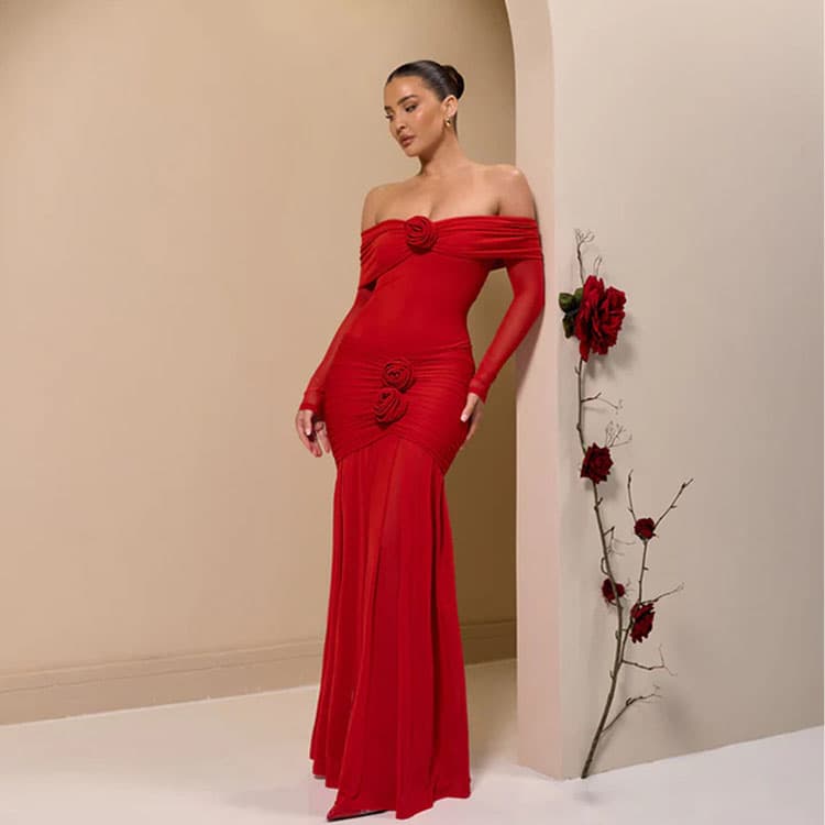 2026 New Women Fashion Casual Dress Elegant Solid Color Pleated Dress Slim Fit Long Sleeve Off Shoulder Women Dress