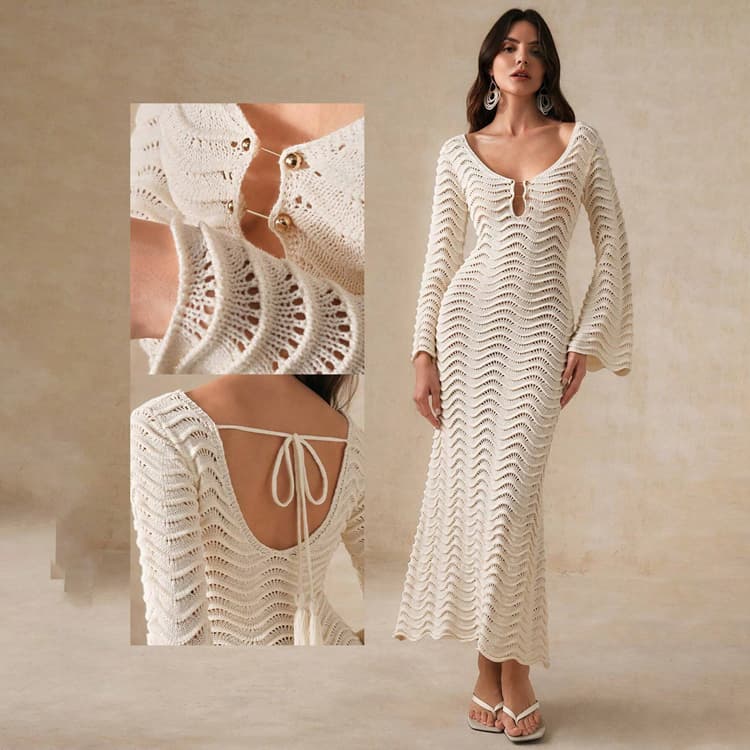 2025 Sexy Hollow Solid Color Knitted Beach Dress Swimsuit Cover up Sun Protection Dress for Women Holiday Wavy Textured Dress
