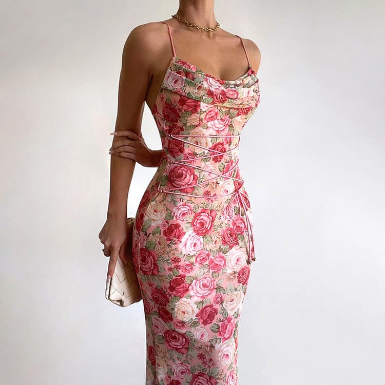 Wholesale 2025 Temperament Waist Long Dress Spaghetti Straps Rose Print Slim Fit Strap Women Dress Sexy Backless Casual Dress