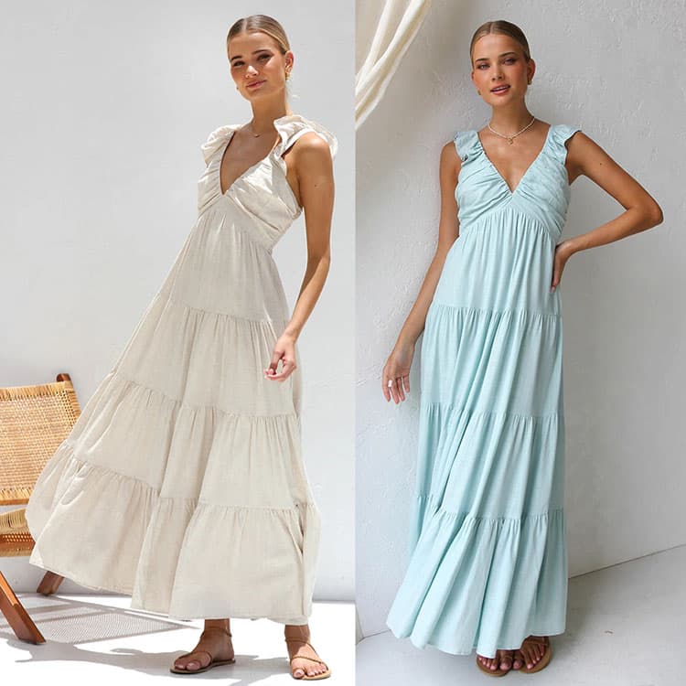 100% Cotton Pleated Casual Dress Custom logo V Neck Sleeveless Long Dress Wholesale Solid Color Beach Dress Factory Directly