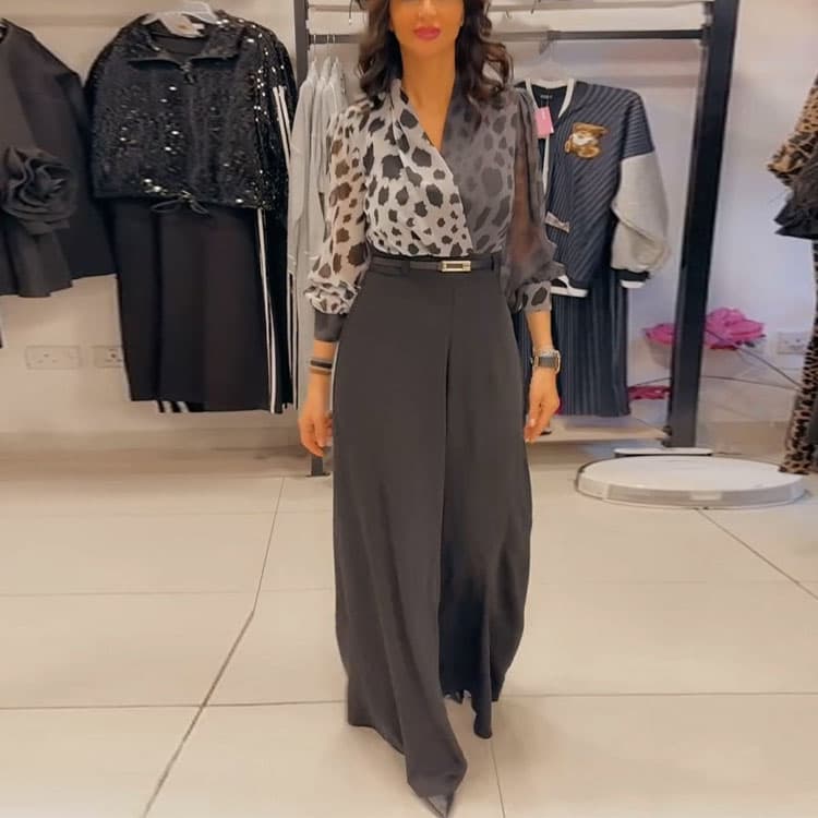 Retro Fashion Women Suit Wholesale Printed V Neck Top Custom logo Loose Wide Leg Pants Factory Direct