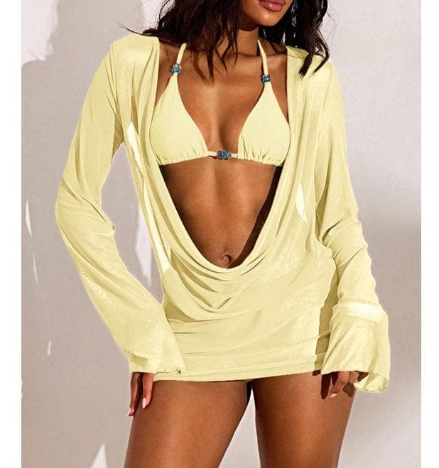 2026 New Style Sheer Solid Color Fashion Bikini 3 Pcs Set Sheer Sexy Halter Neck Swimsuit Set with Cover Dress