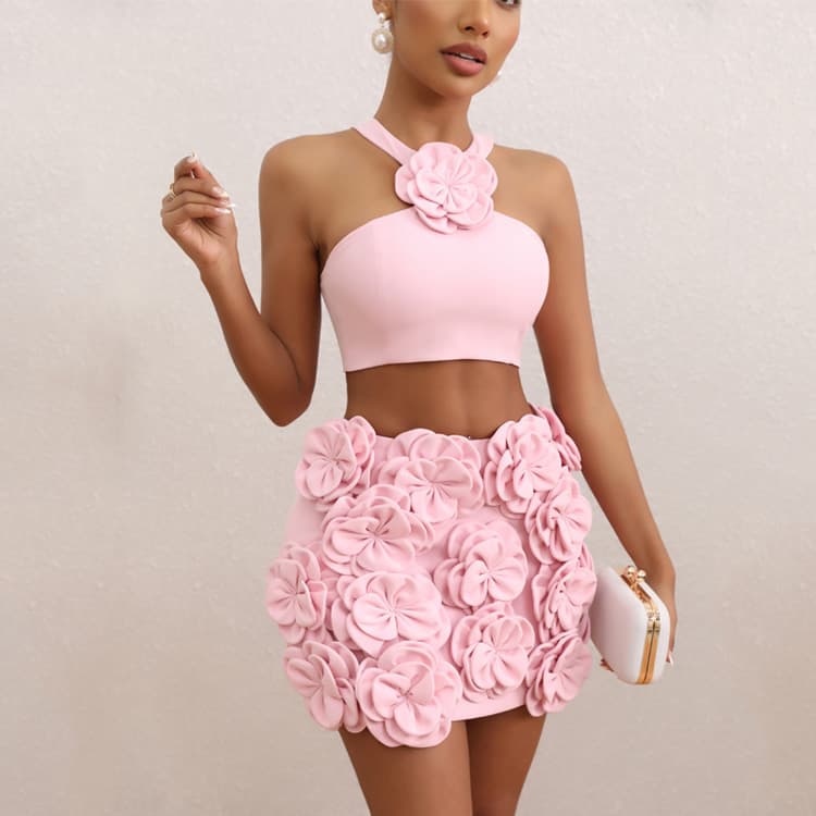 3D Floral Evening Dress Wholesale Halter Mini Dress Custom logo Sexy Bodycon Dress Factory Direct